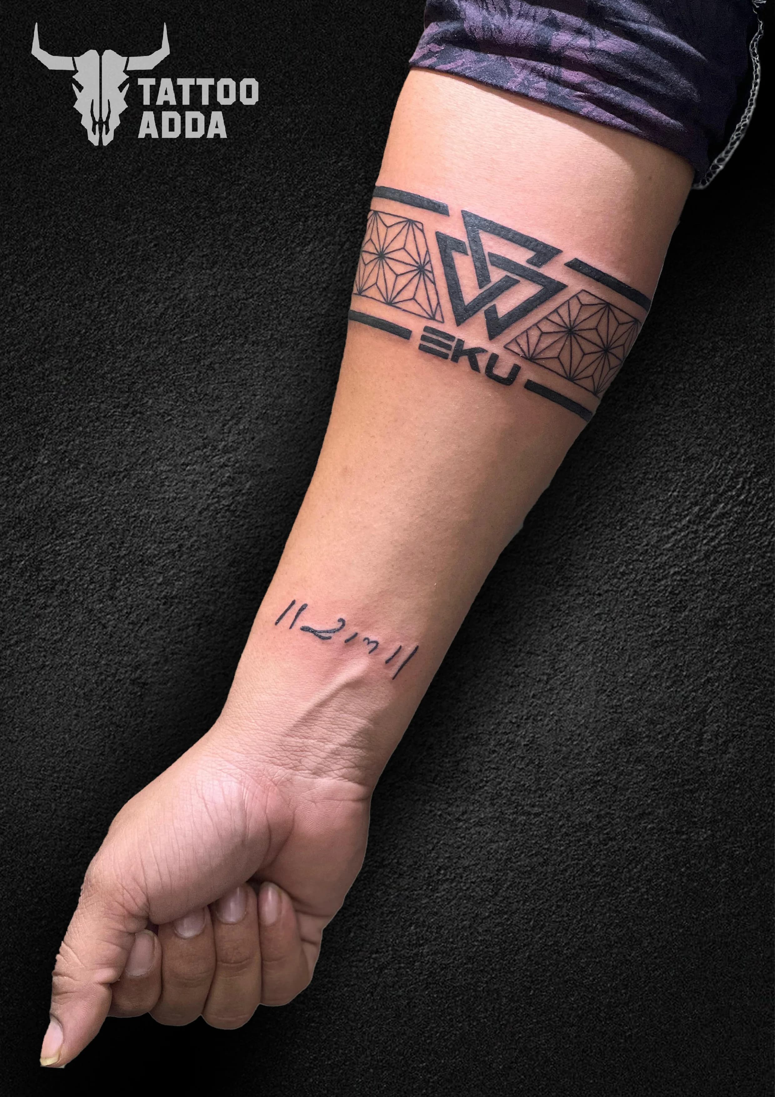 Triangle With Name With Geometric Armband — Tattoo Adda